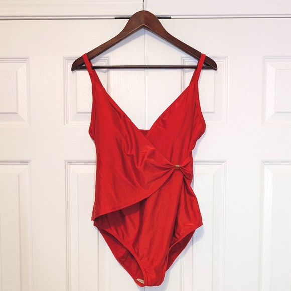 Simon Chang Other - Real Y2K Vintage Simon Chang Wrap Red One Piece Swimsuit w Gold Detail Size 14